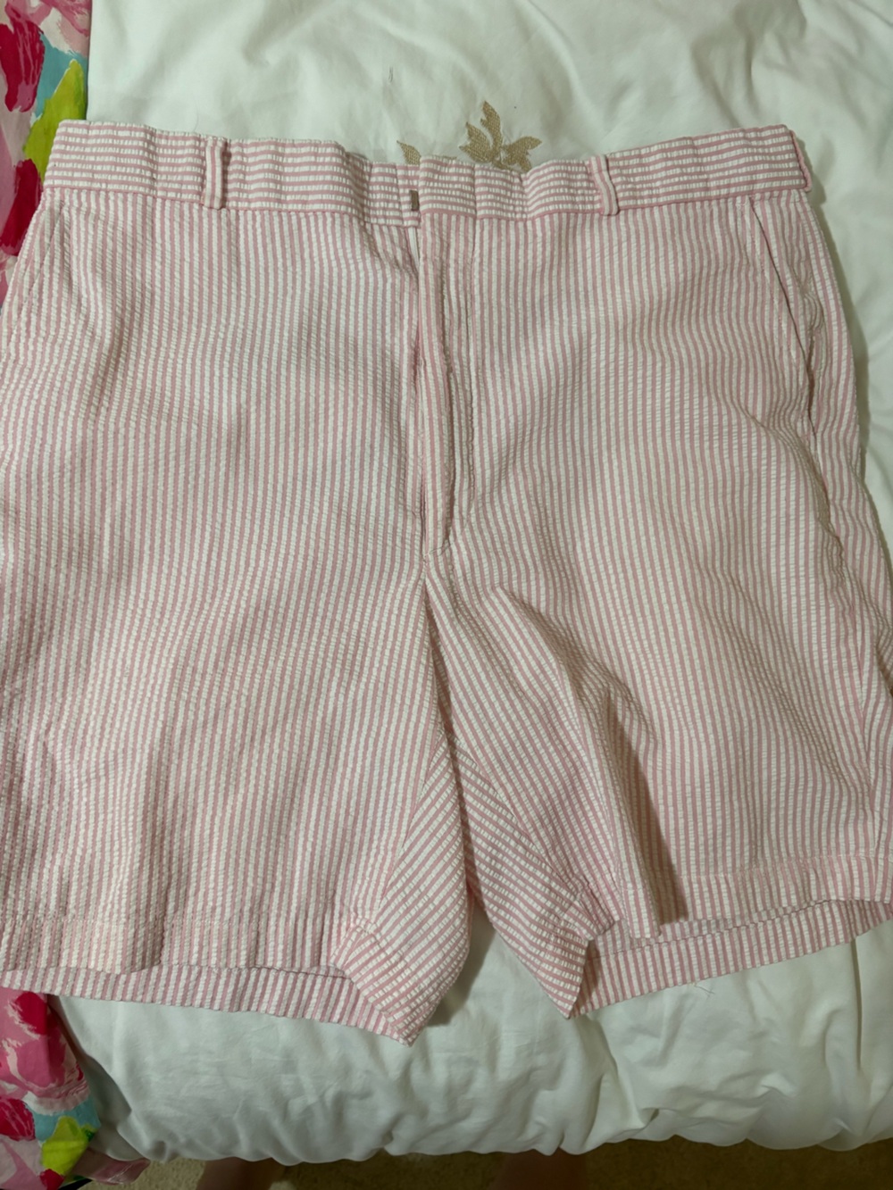 Pink and White Striped Seersucker Fabric Shorts